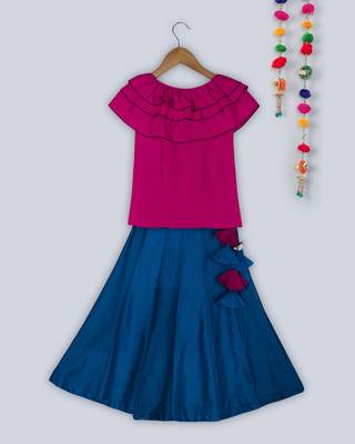 pretty blue chanderi lehnga with contrast ruffled fuschia top 1
