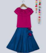 pretty blue chanderi lehnga with contrast ruffled fuschia top