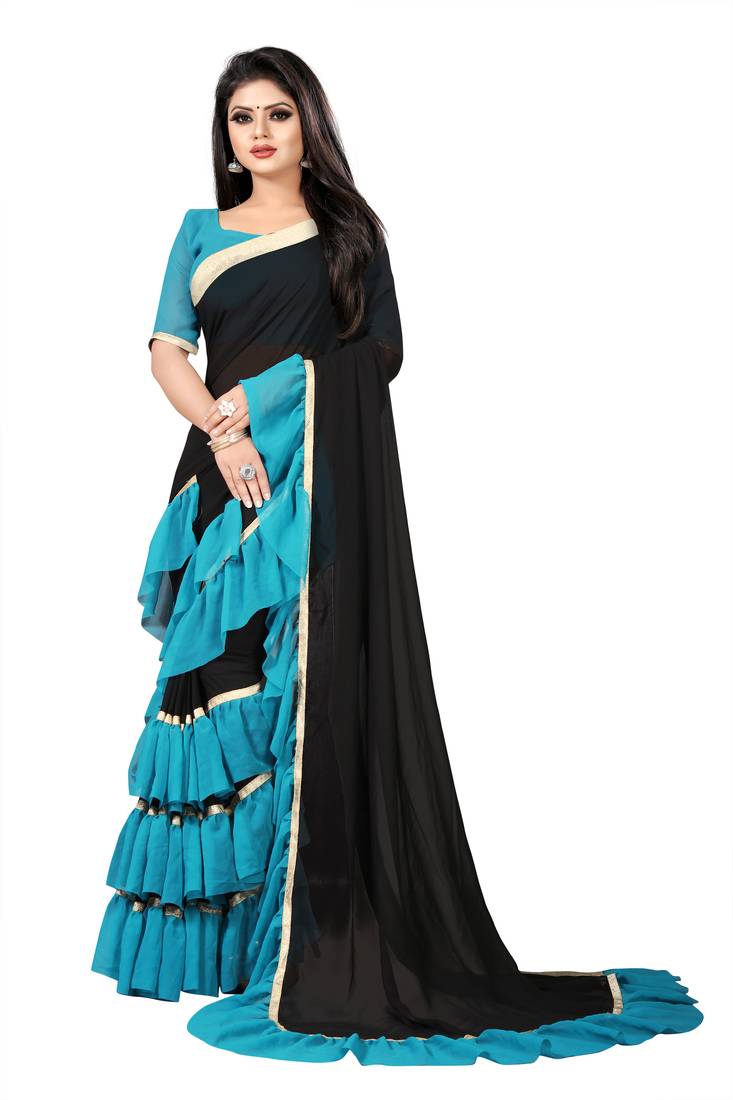 Black plain georgette saree with blouse