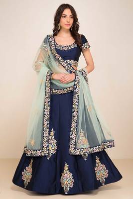 Wedding Embroidery Navy Blue Tafeta Designer Lehenga 1