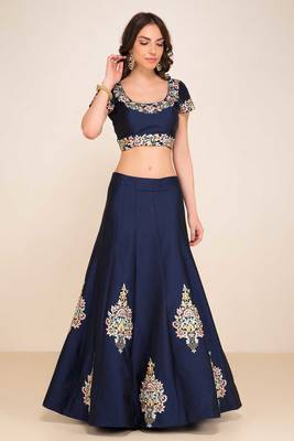 Wedding Embroidery Navy Blue Tafeta Designer Lehenga 2
