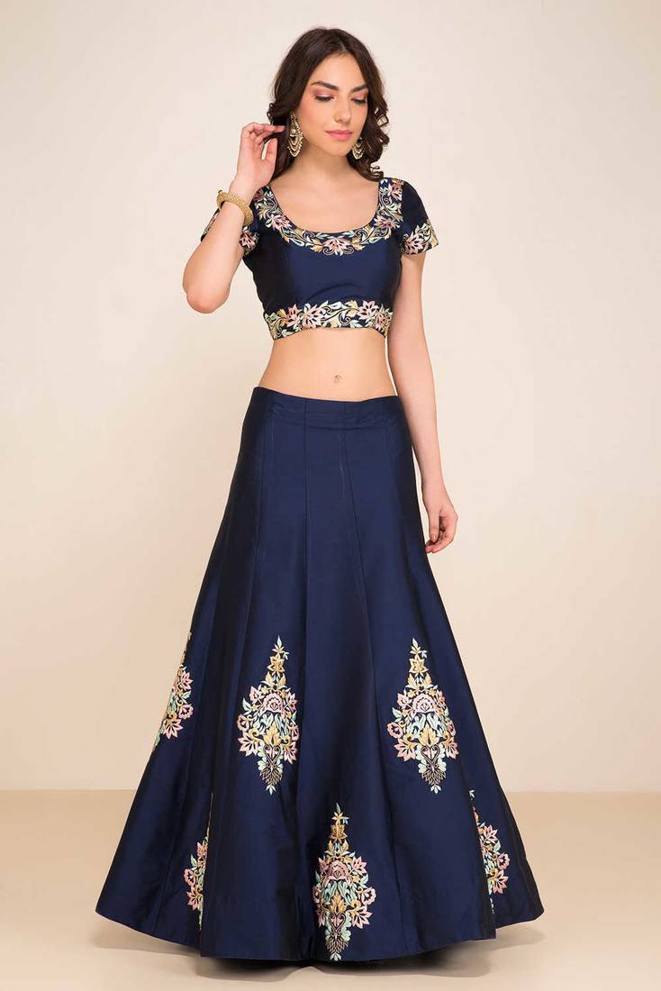 Wedding Embroidery Navy Blue Tafeta Designer Lehenga