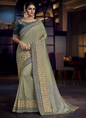 light olive embroidered fancy fabric saree with blouse 1