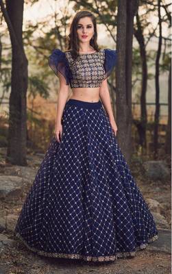 Wedding  Designer Dark Blue Malai Satin Bridal Lahenga 1