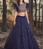 Wedding  Designer Dark Blue Malai Satin Bridal Lahenga