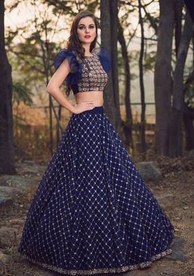 Wedding  Designer Dark Blue Malai Satin Bridal Lahenga 2