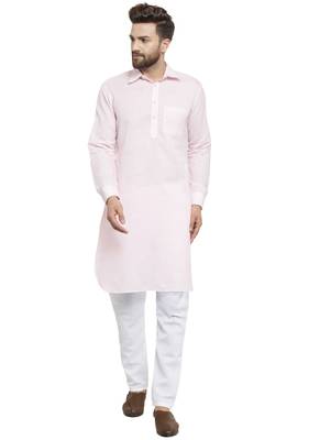 Pink Plain Linen Pathani Suits 1