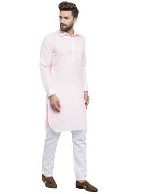 Pink Plain Linen Pathani Suits 2