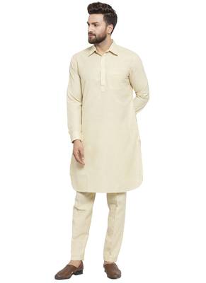 Beige Plain Linen Pathani Suits 1