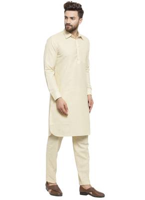 Beige Plain Linen Pathani Suits 2