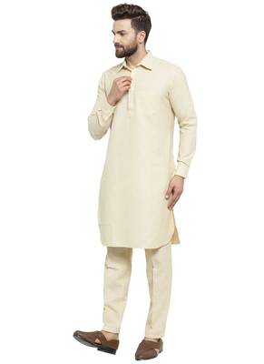 Beige Plain Linen Pathani Suits 3