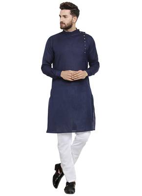 Blue Plain Linen Kurta Pajama 1