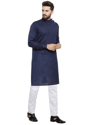 Blue Plain Linen Kurta Pajama 2