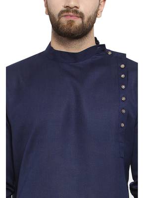 Blue Plain Linen Kurta Pajama 4