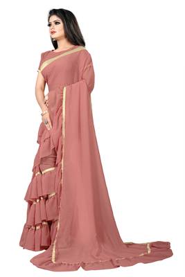 Red plain georgette saree with blouse 3