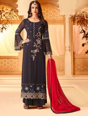 Navy Blue Embroidered Faux Georgette Salwar 1
