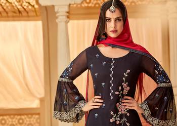 Navy Blue Embroidered Faux Georgette Salwar 3