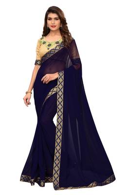 Blue plain georgette saree with blouse 1