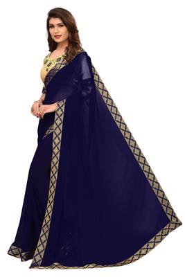 Blue plain georgette saree with blouse 2