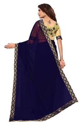 Blue plain georgette saree with blouse 3