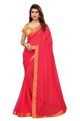Pink plain georgette saree with blouse 1