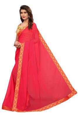 Pink plain georgette saree with blouse 2