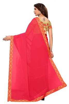 Pink plain georgette saree with blouse 3