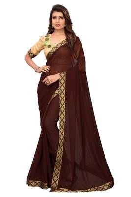 Brown plain georgette saree with blouse 1