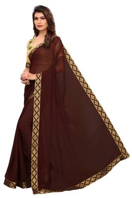 Brown plain georgette saree with blouse 2