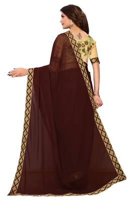 Brown plain georgette saree with blouse 3