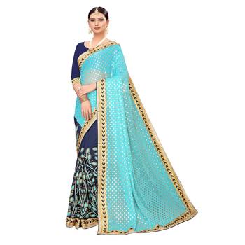 Turquoise embroidered georgette saree with blouse 1