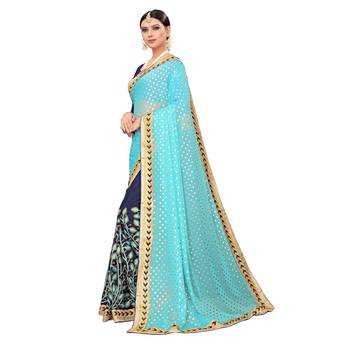 Turquoise embroidered georgette saree with blouse 2