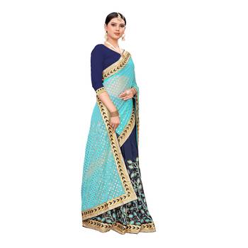 Turquoise embroidered georgette saree with blouse 3