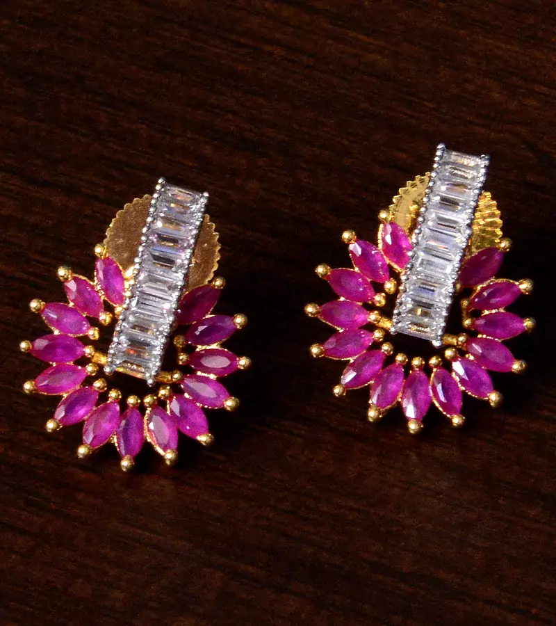 Ruby and American Diamond Embellished Gold Plated Stud Earrings 216ED212