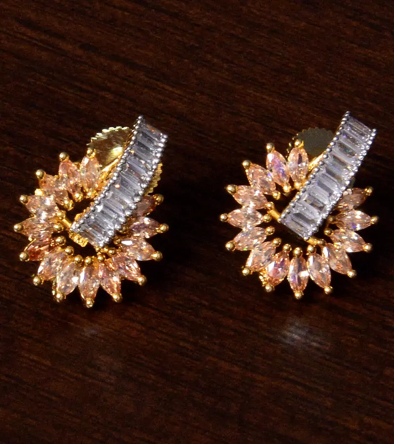 Champagne Stone and American Diamond Embellished Gold Plated Stud Earrings 216ED213