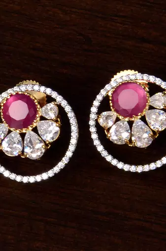 Ruby and American Diamond Embellished Gold Plated Stud Earrings 216ED214