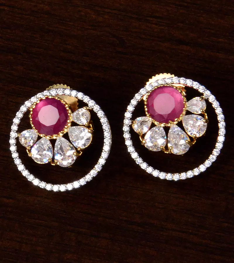 Ruby and American Diamond Embellished Gold Plated Stud Earrings 216ED214
