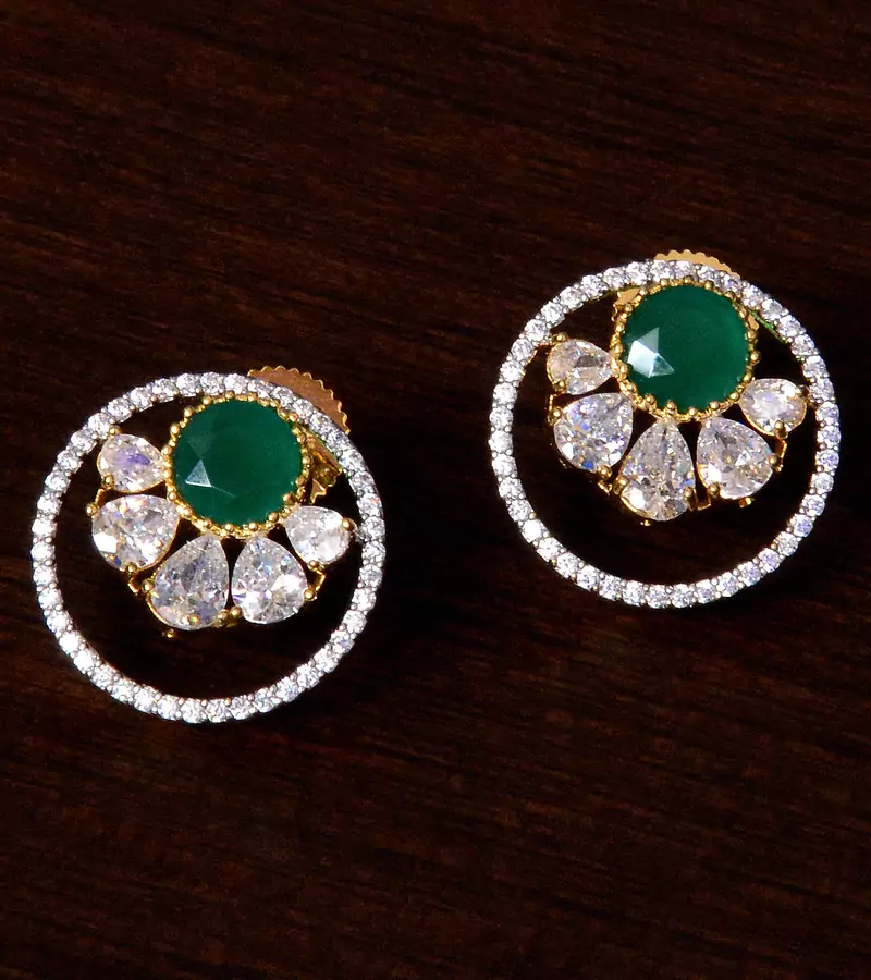 Emerald and American Diamond Embellished Gold Plated Stud Earrings 216ED216