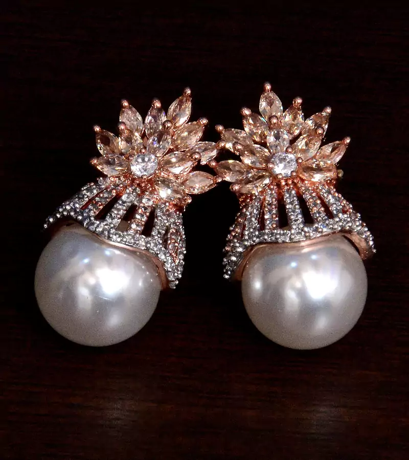 Champagne Stone and American Diamond Embellished Rose Gold Plated Stud Earrings 216ED217