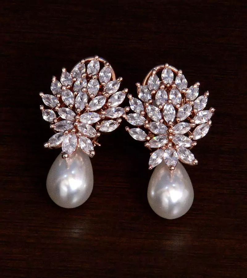 Rose Gold Plated Pearl and American Diamond Embellished Stud Earrings 216ED220