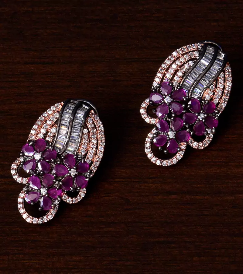 Black and Rose Gold Plated Ruby and American Diamond Embellished Stud Earrings 216ED223