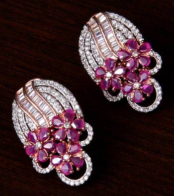 Rose Gold Plated Ruby and American Diamond Embellished Stud Earrings 216ED224 1