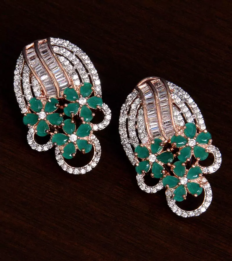 Rose Gold Plated Emerald and American Diamond Embellished Stud Earrings 216ED226