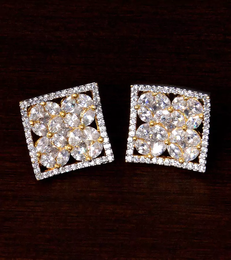 Gold Plated Square Shaped American Diamond Embellished Stud Earrings 216ED227