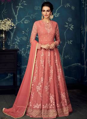 Coral pink  embroidered georgette anarkali 1