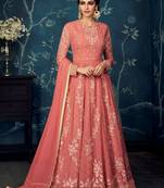 Coral pink  embroidered georgette anarkali