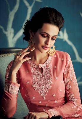 Coral pink  embroidered georgette anarkali 2