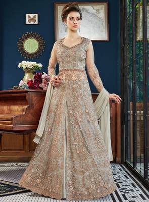 Beige resham embroidery net salwar 1