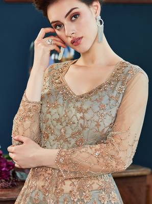 Beige resham embroidery net salwar 2