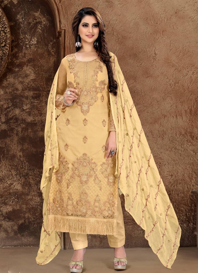 Light-yellow embroidered organza salwar